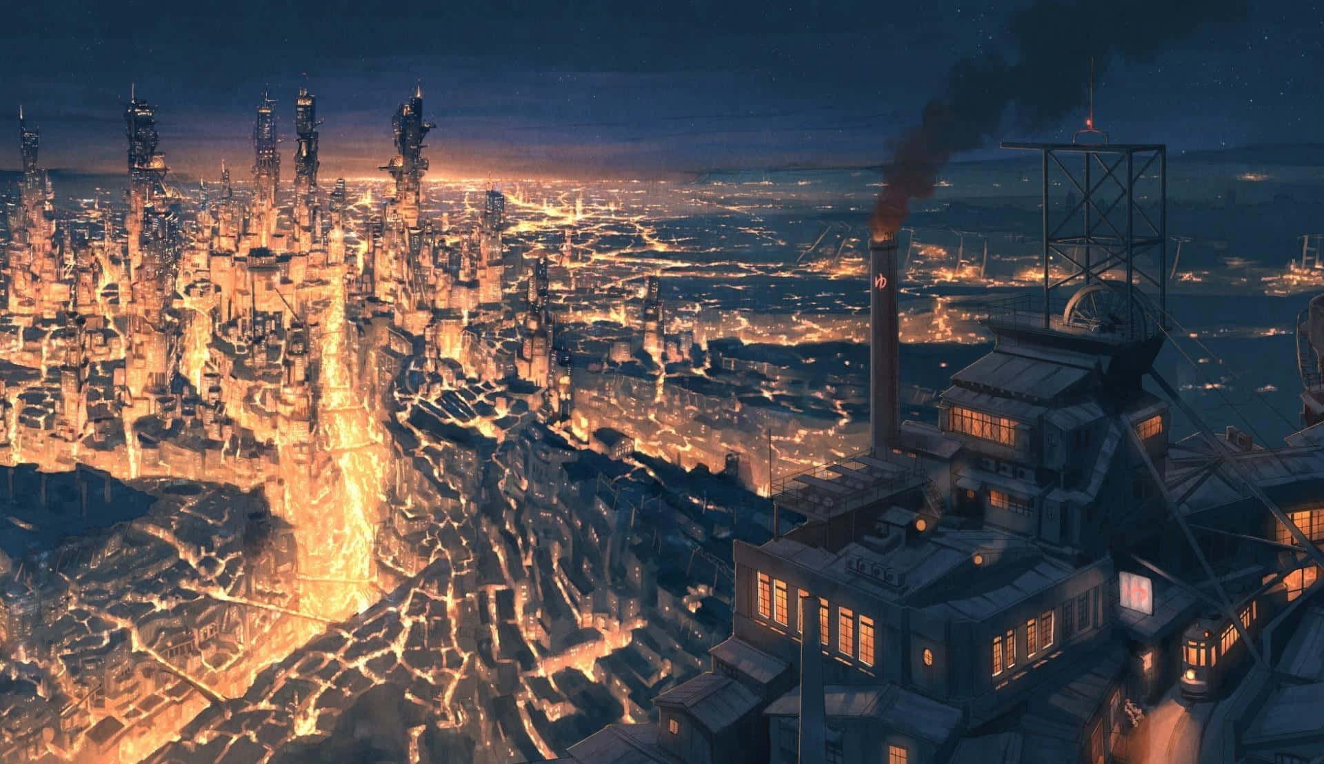 夜晚的未來城市景觀，帶有發光的熔岩流和工業塔樓。