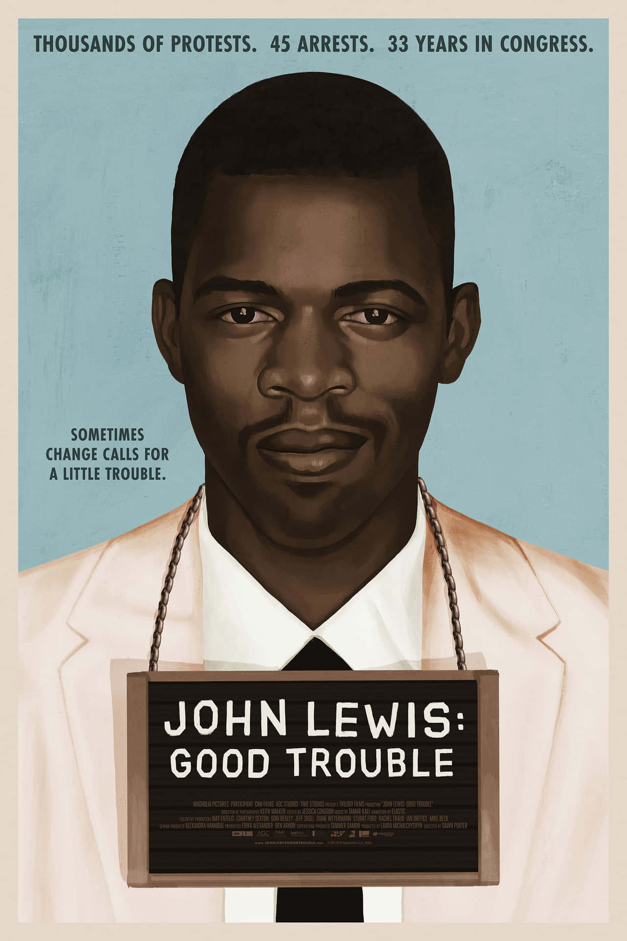 約翰·路易斯手持寫有「John Lewis: Good Trouble」標語牌的肖像。