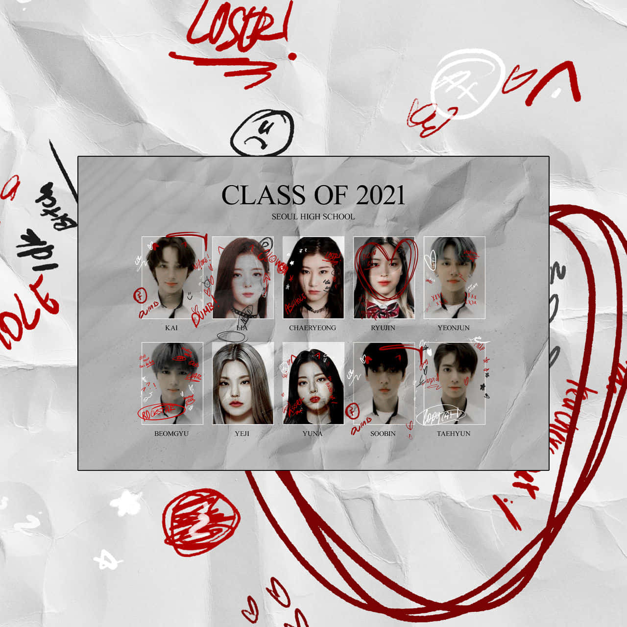 Class of 2021 Seoul High School 學生肖像，皺巴巴的紙上有紅色塗鴉。