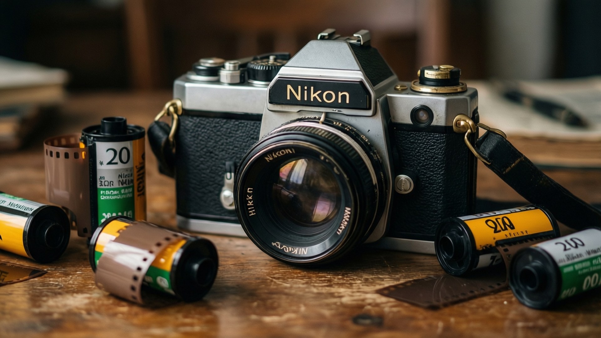 模擬之眼 壁紙 — 一部復古 Nikon 菲林相機放在木桌上，周圍散落著菲林卷和已曝光的菲林條。