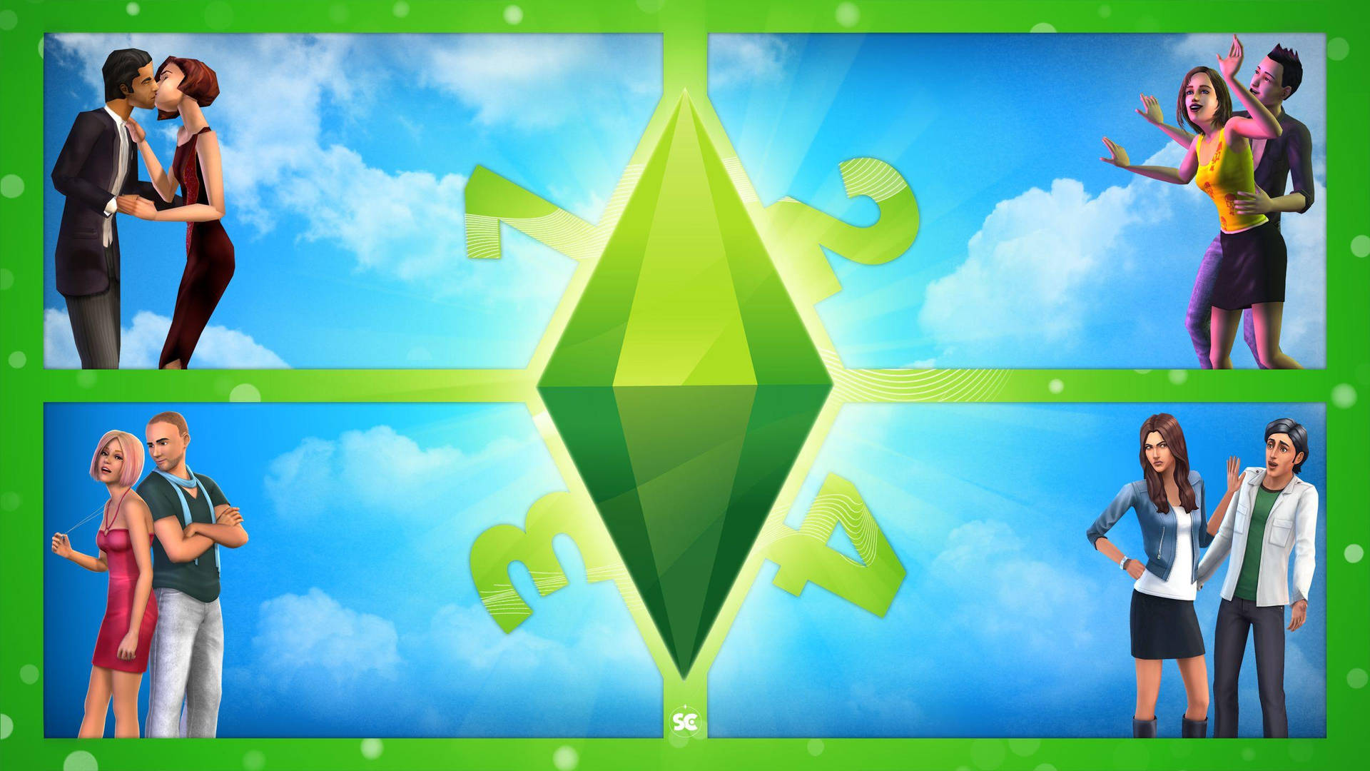 四個模擬市民角色以浪漫和嬉戲的姿勢圍繞著《The Sims 4》標誌。