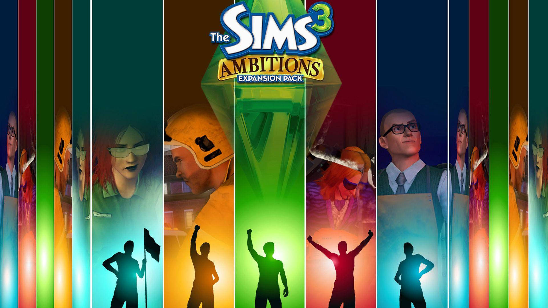 Sims 3 Ambitions 擴充包封面，帶有色彩繽紛的垂直條紋和慶祝的剪影。