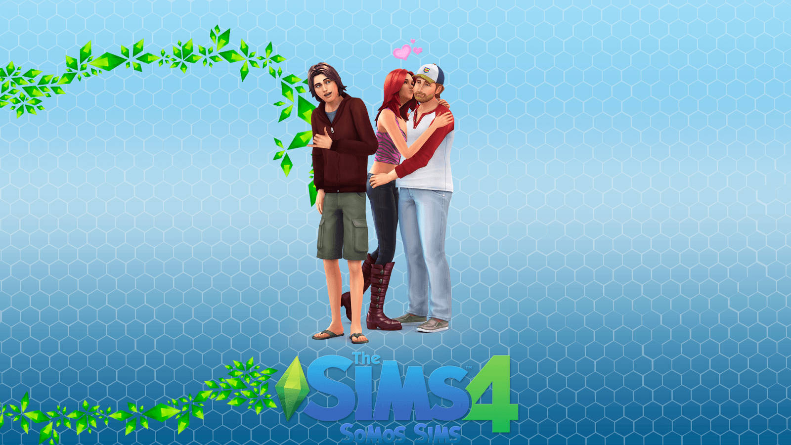 三個 Sims 角色分享浪漫時刻，頭上有心形圖案。