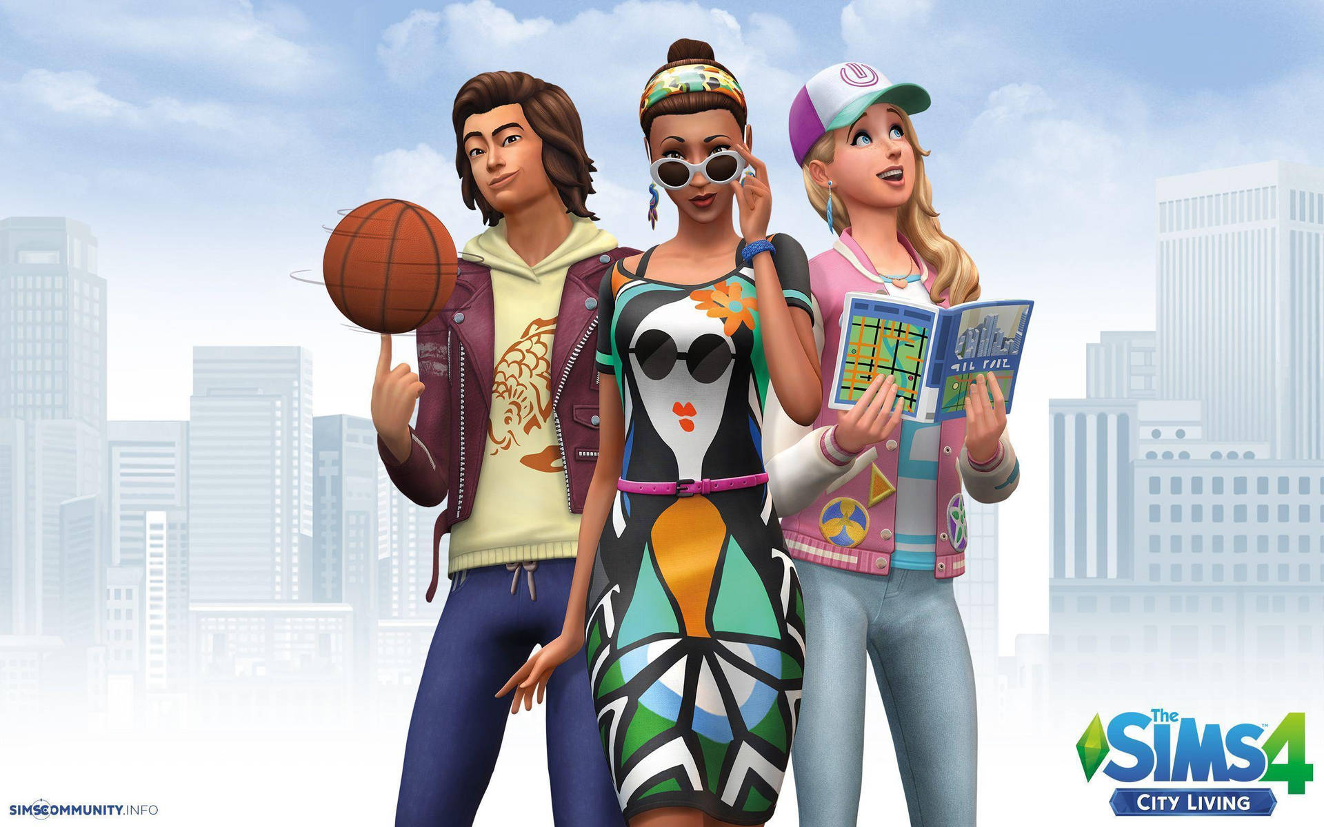 三個 Sims 角色在城市環境中拿著籃球和雜誌。
