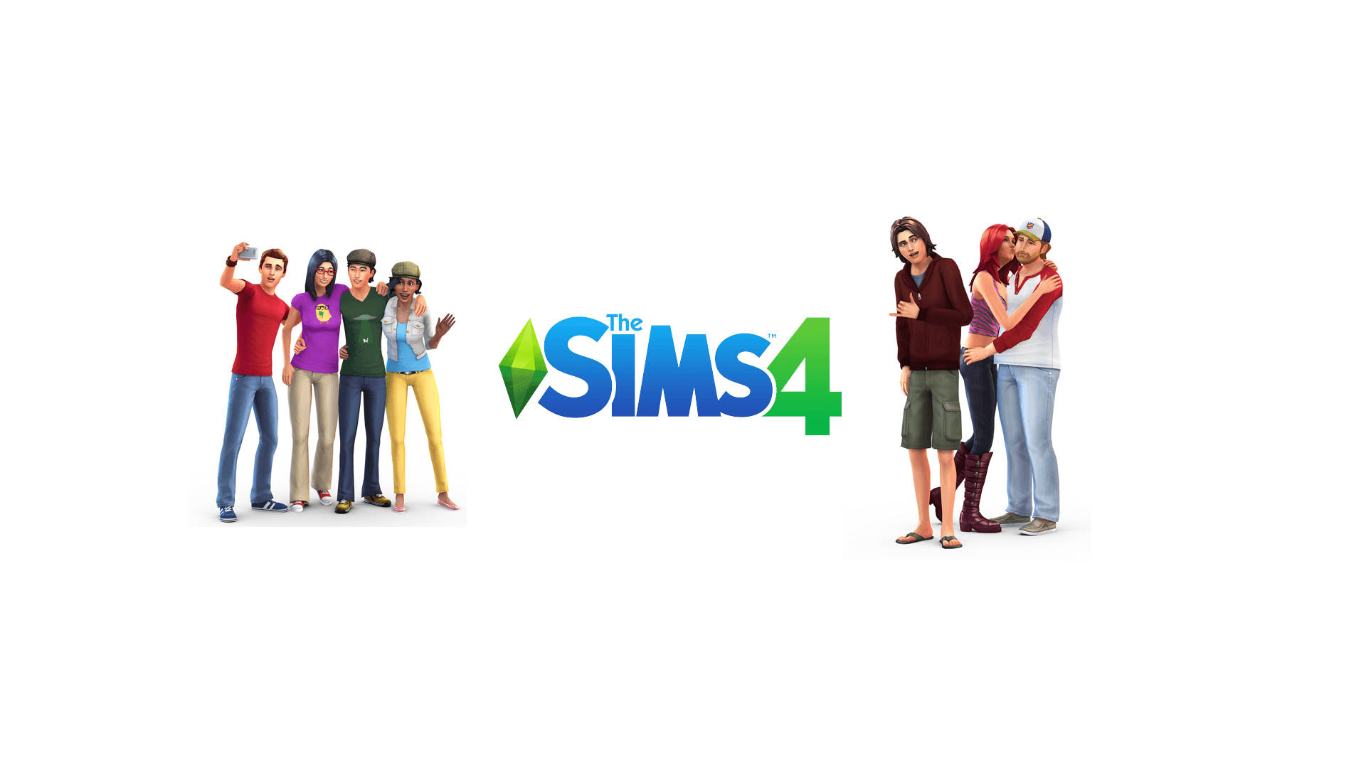 The Sims 4 標誌兩側各有兩組不同的動畫角色在擺姿勢。