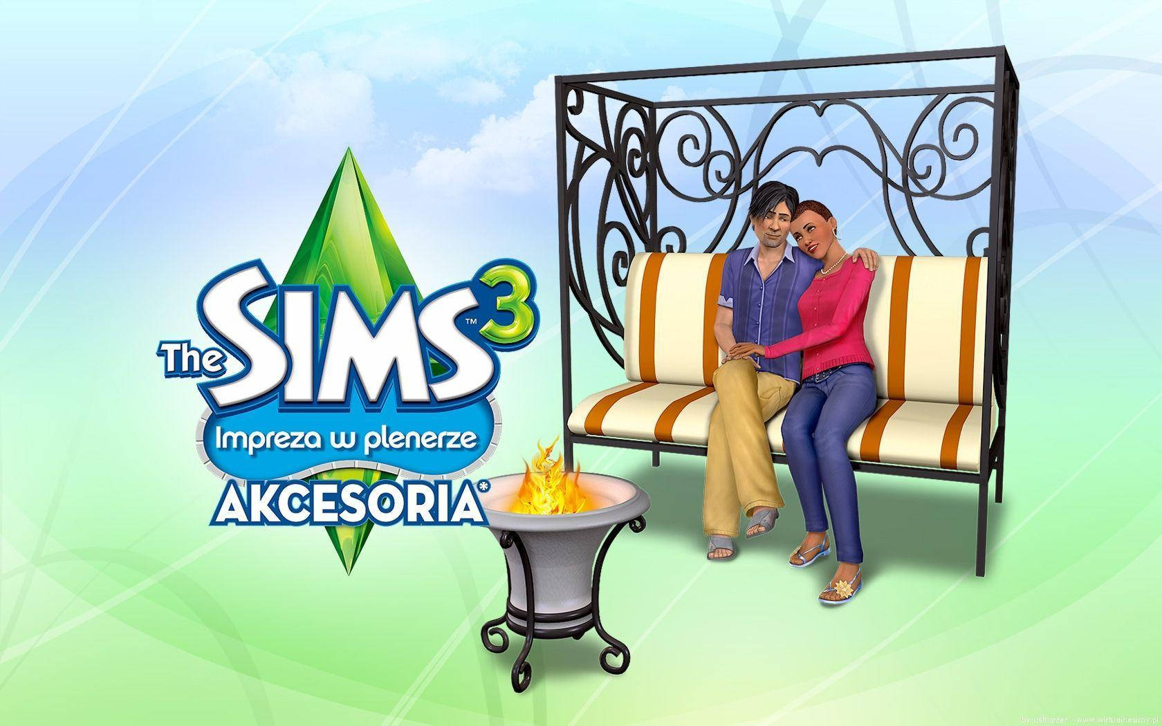 兩個 Sims 角色在裝飾長椅上放鬆，旁邊有火坑。