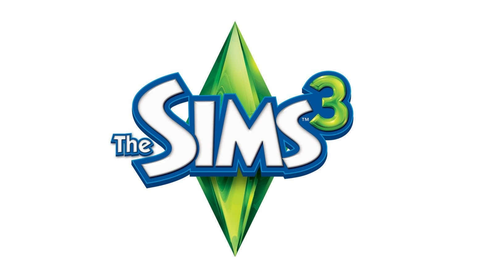 《模擬人生3》精彩遊戲畫面 壁紙 — The Sims 3 標誌，特色是綠色寶石和白色背景上的粗體藍色輪廓文字。