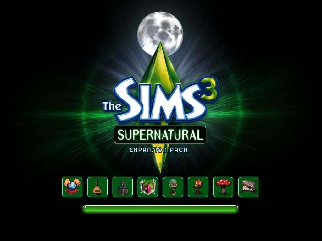 模擬人生3：超自然 壁紙 — 《The Sims 3 Supernatural》資料片標誌在黑暗背景下的滿月下發出綠色光芒。