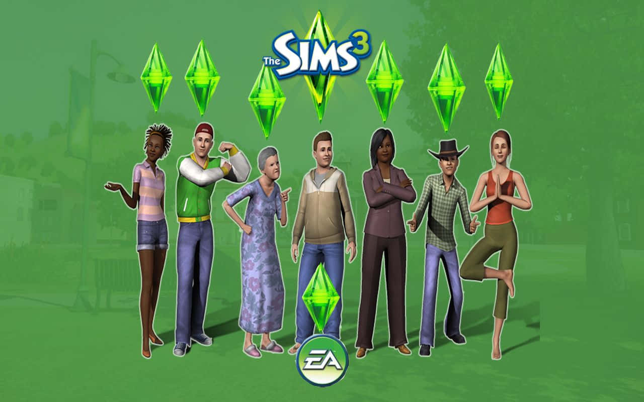 模擬人生3中的精彩生活 壁紙 — 七個不同的 Sims 角色在綠色背景前自信地擺姿勢，背景有發光的鑽石圖標和 The Sims 3 標誌。