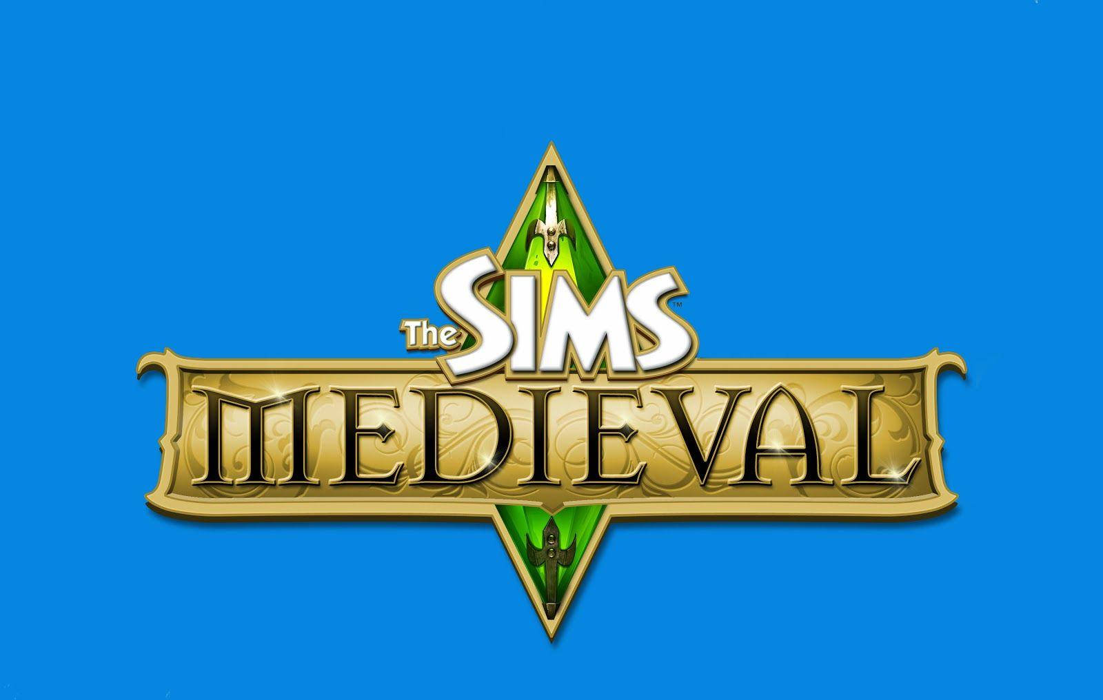 藍色背景上帶有金色和綠色設計的 The Sims Medieval 遊戲標誌。
