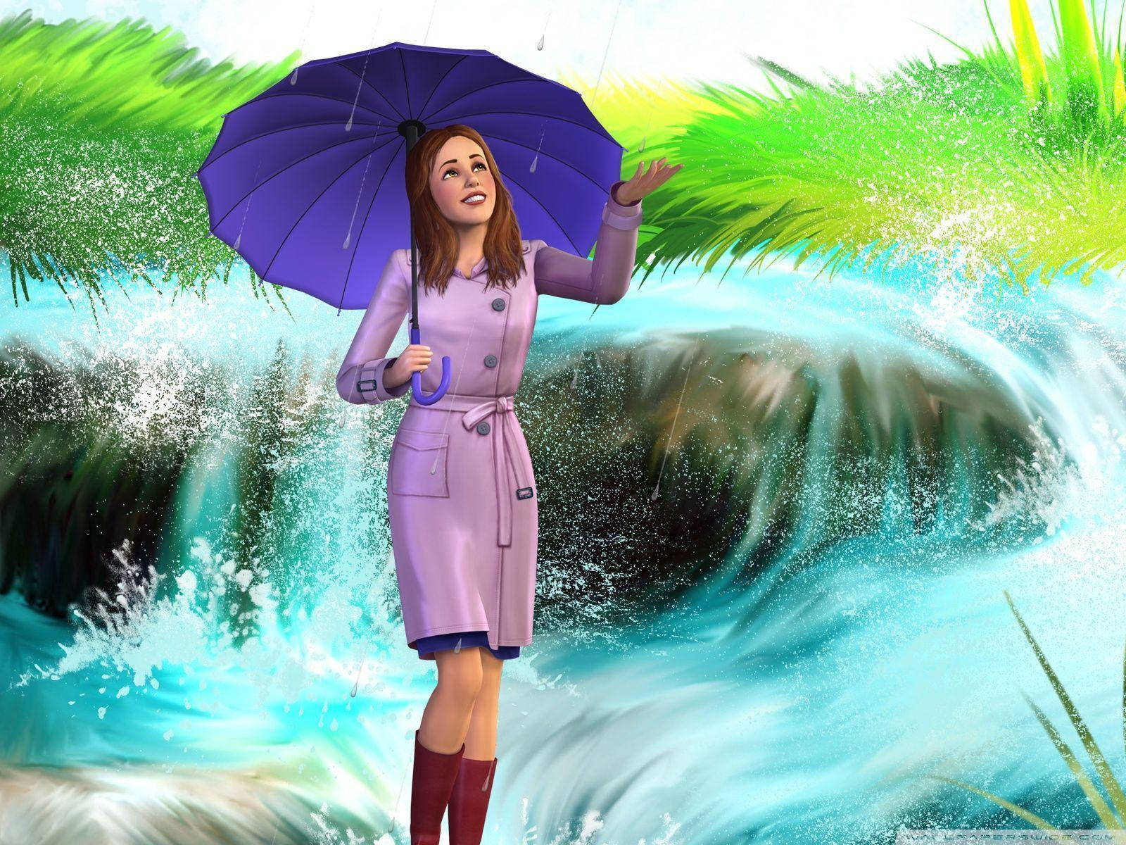 身穿紫色外套和靴子的女子在瀑布附近手持雨傘。