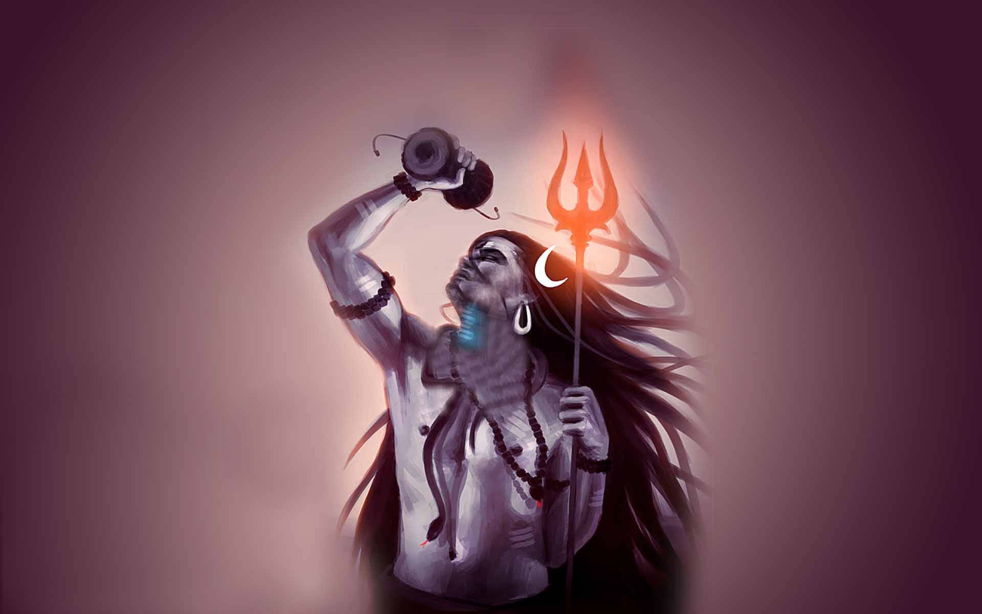 模糊 Shiv Tandav 美學發光三叉戟 壁紙 — 一位長髮持三叉戟的神聖人物在發光的紫色背景下從容器中飲用。