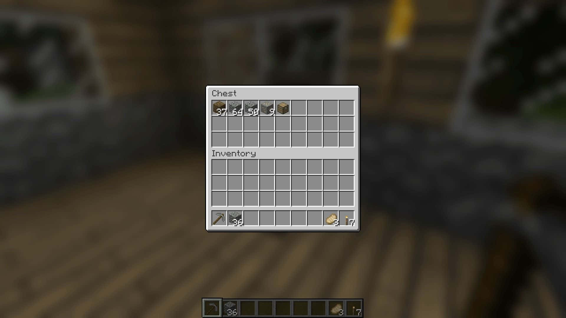 Minecraft 寶箱物品欄，有木質木板同石製工具喺像素化遊戲界面。