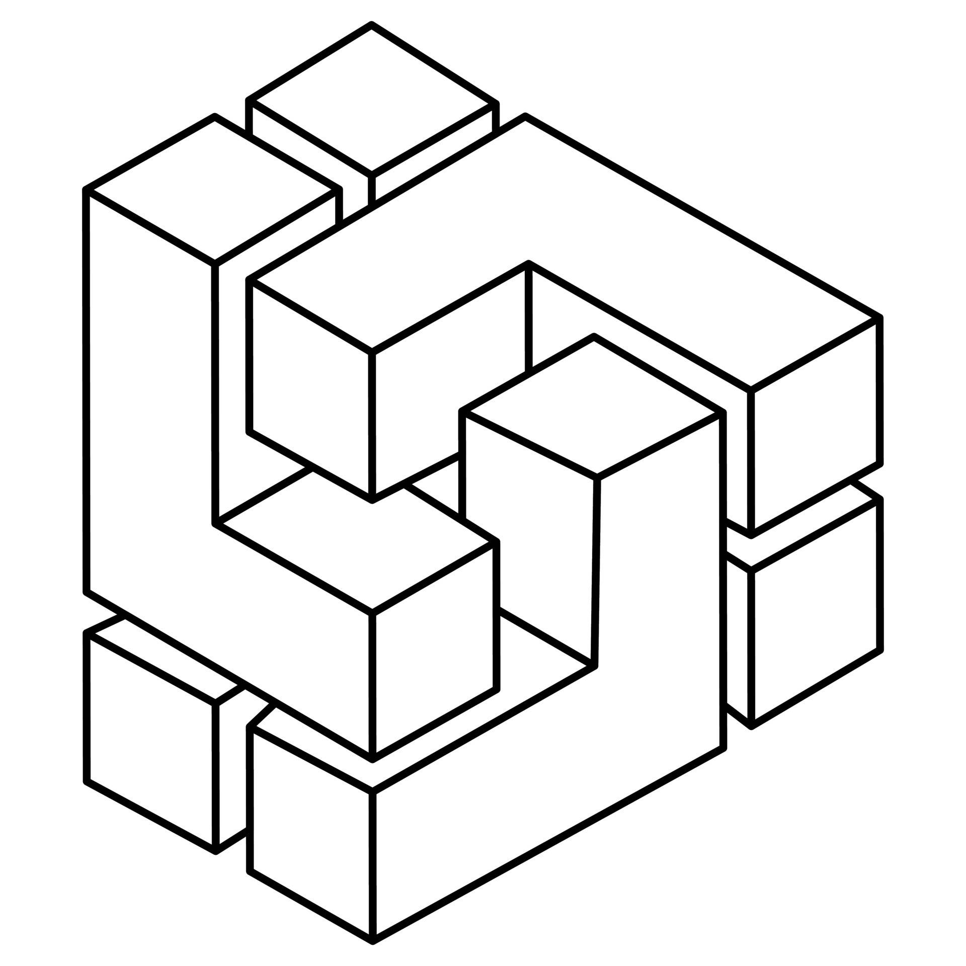 由相互連接的3D立方體組成的抽象幾何雕塑，以黑色線條藝術呈現。