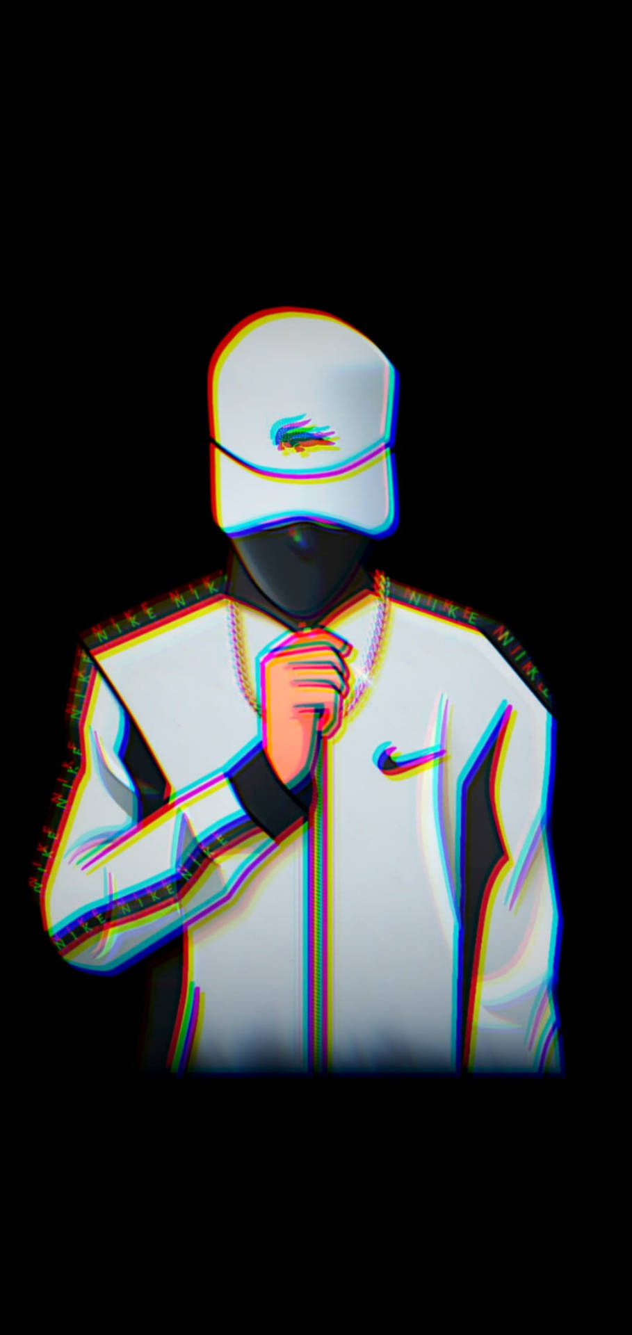 身穿白色外套和帽子的蒙面人物的故障效果數位藝術。