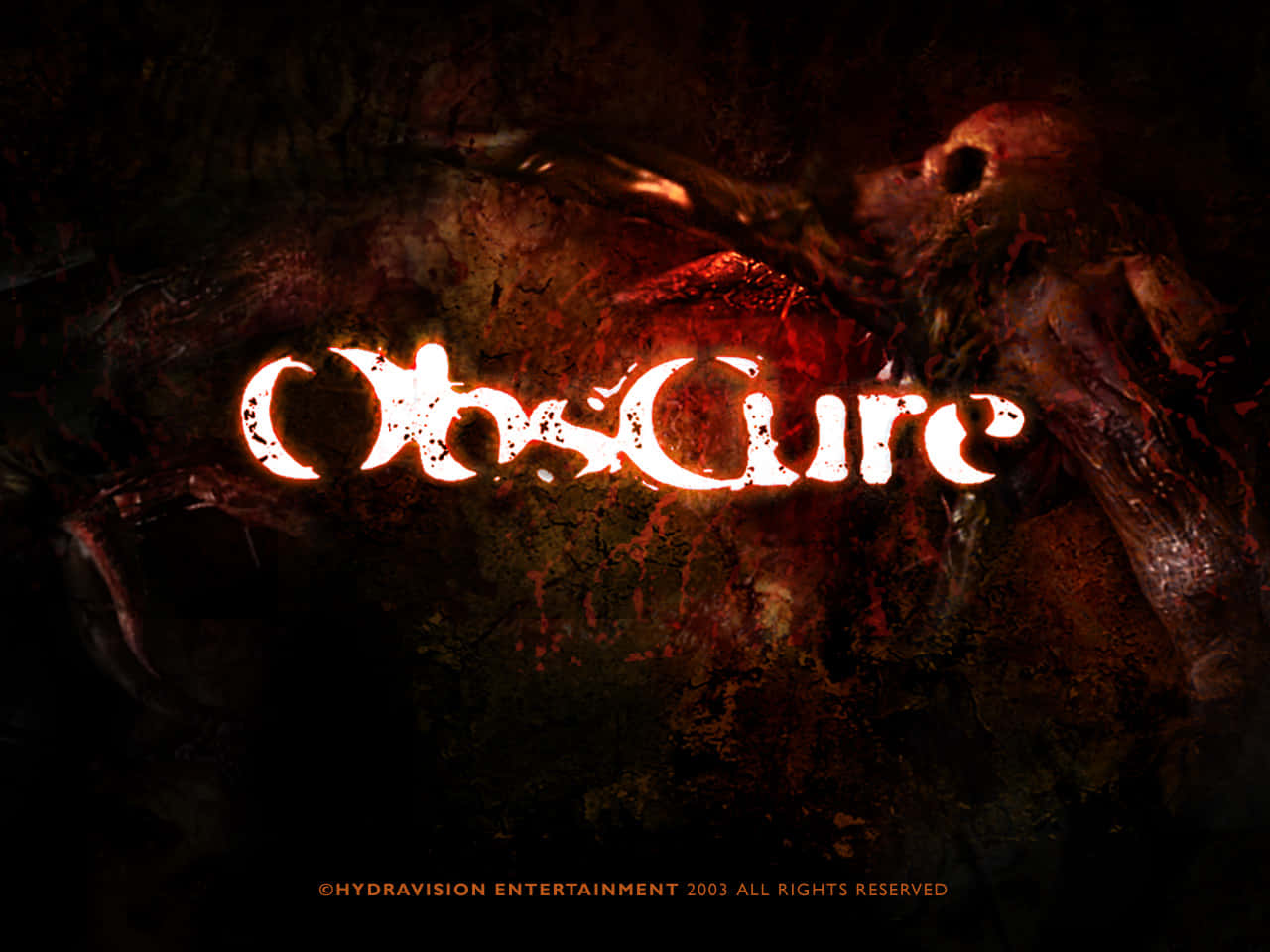 發光的火焰文字顯示「Obscure」，背景為深色紋理，帶有骷髏頭和滴落的紅色液體。