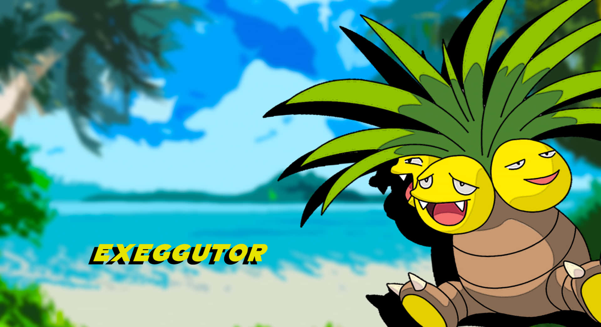 Exeggutor，一個三臉寶可夢，在陽光明媚的海灘上微笑，有棕櫚樹和海洋。