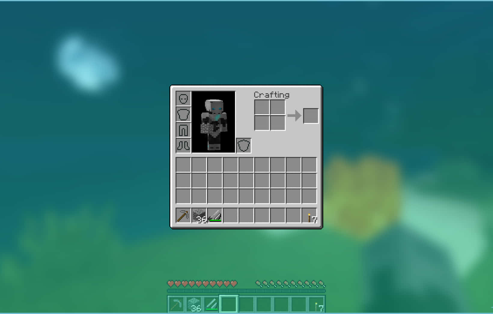 Minecraft 庫存畫面，水下有盔甲同工具