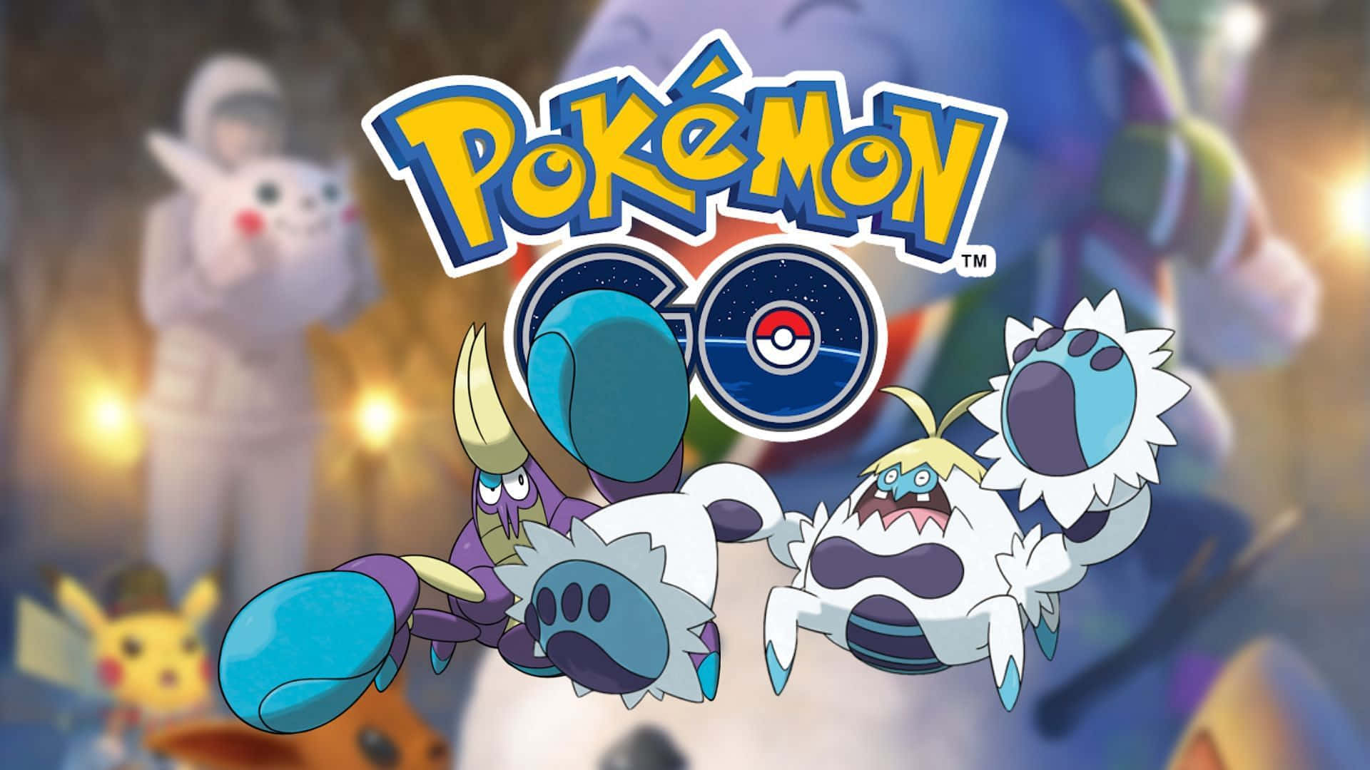 Pokémon GO 標誌，有三個新寶可夢角色和背景模糊的玩家。