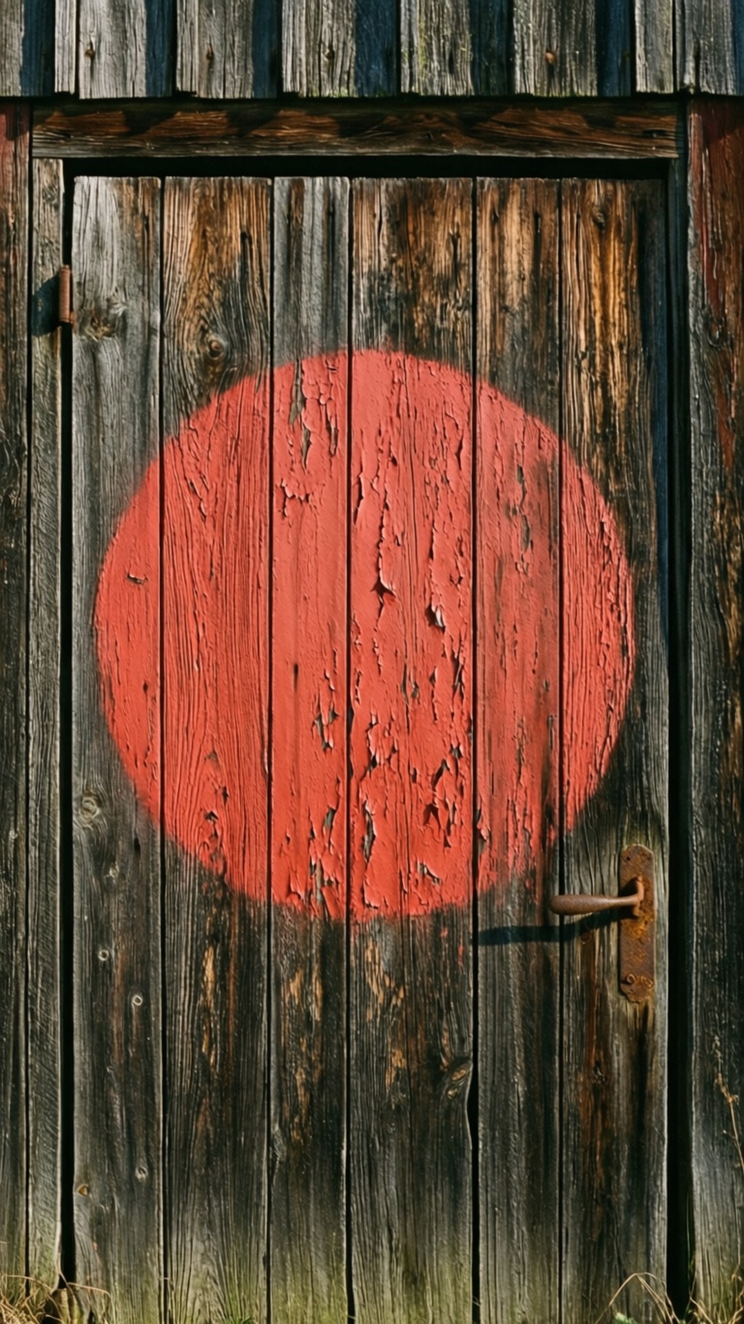 一扇質樸的木門，上面有一個正在剝落的大紅色圓圈。