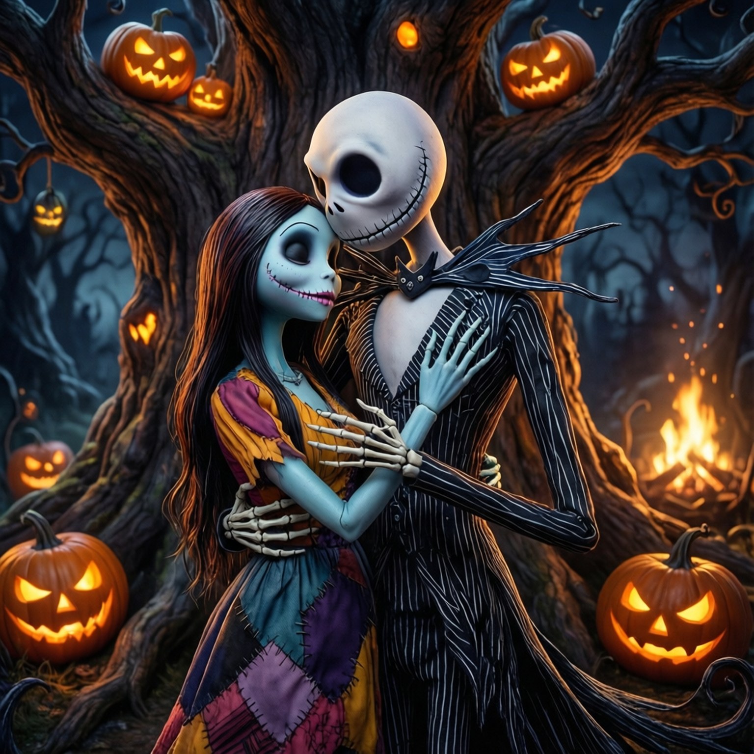 Jack 和 Sally 喺一棵有發光南瓜嘅樹下擁抱，喺一個黑暗嘅森林入面。