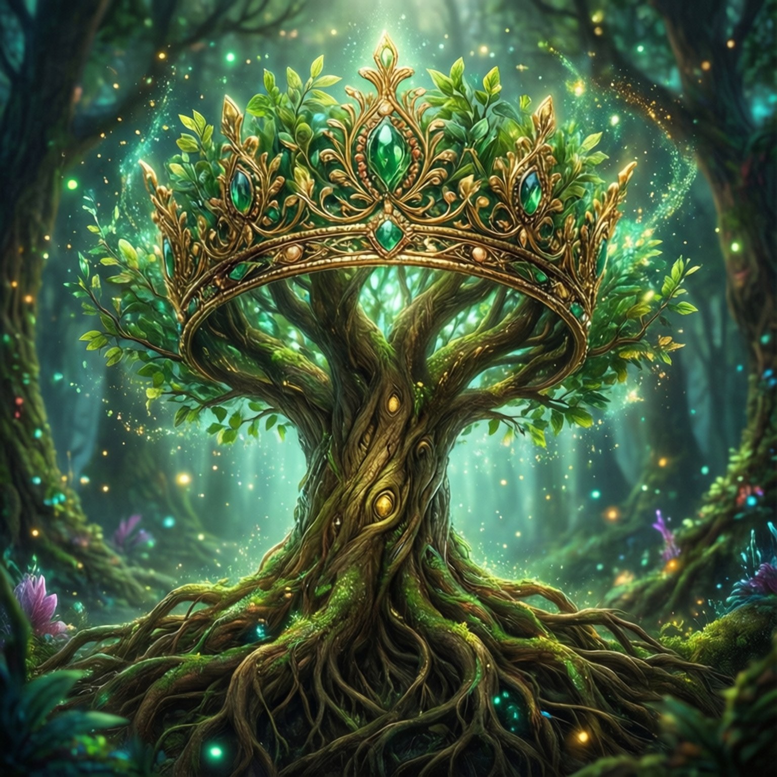 樹冠幻想 壁紙 — 一棵雄偉的古樹戴著鑲嵌著閃爍祖母綠的金色頭飾，矗立在沐浴在空靈綠光中的神秘森林中。