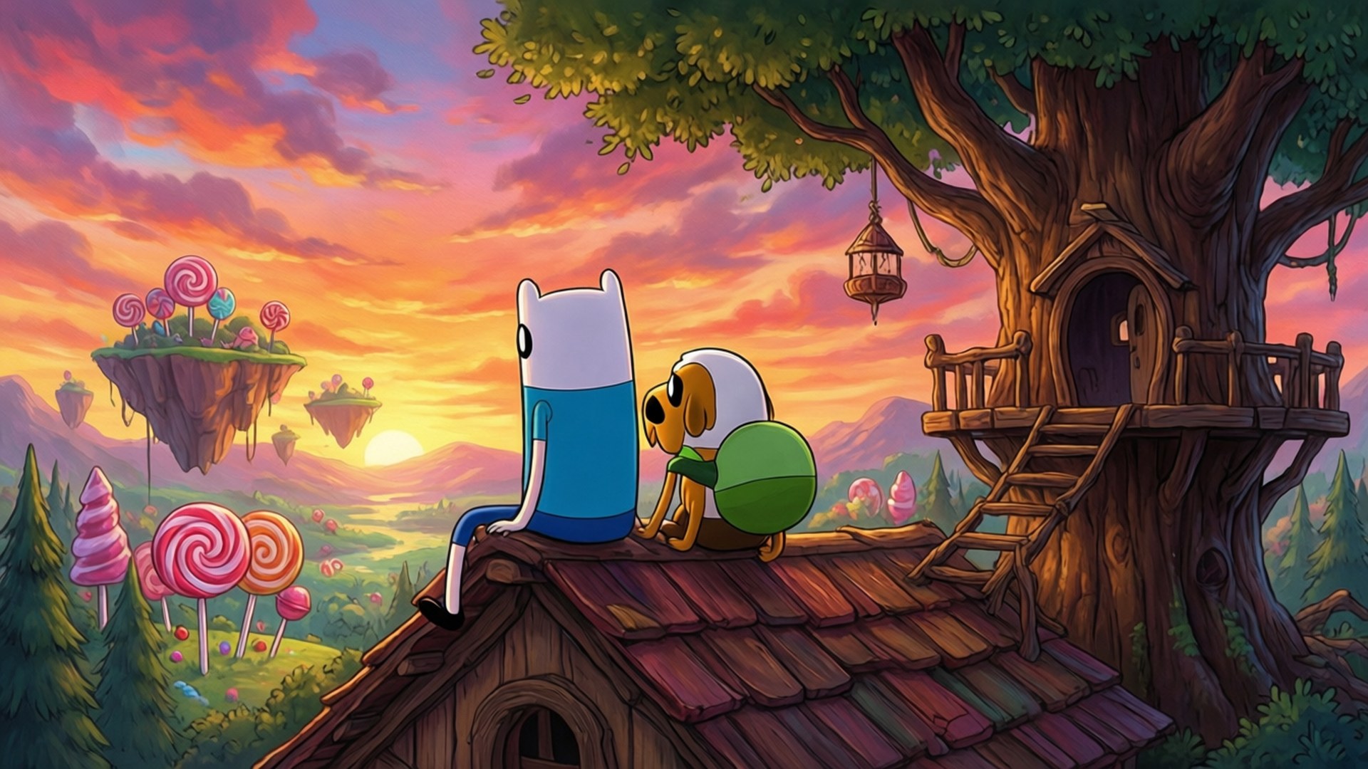 樹屋上的夕陽 壁紙 — 兩個動畫朋友坐在樹屋屋頂上，看著糖果般的夕陽落在浮島上。