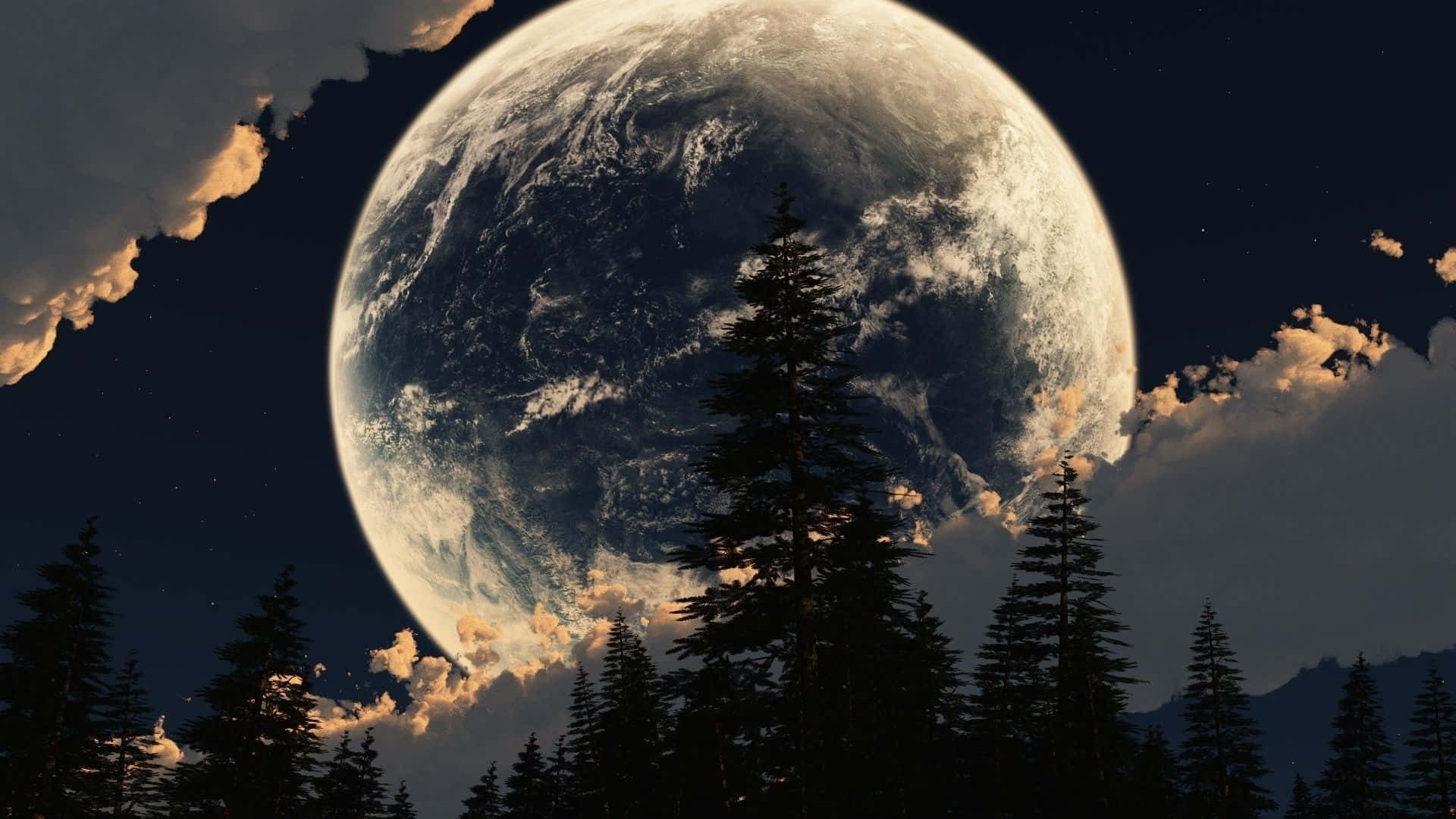 暮色中巨大地球下的森林剪影與金色雲朵。