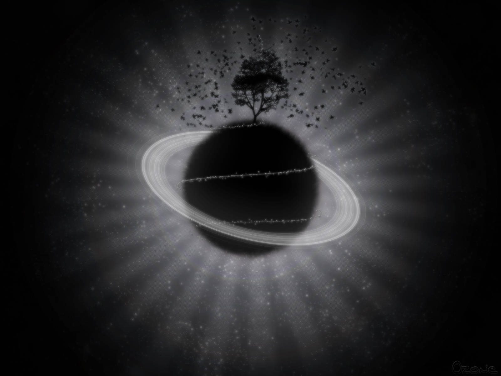 樹影下的黑色星球 壁紙 — 一棵孤獨的樹矗立在黑暗星球上，星球帶有發光環，背景是星光燦爛的宇宙。