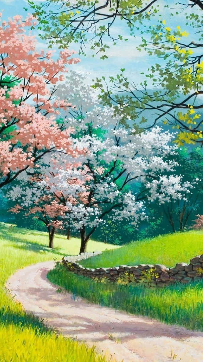 樹影粉白 壁紙 — 一條蜿蜒的泥土小徑穿過充滿活力的春天草地，兩旁種滿粉紅色和白色的櫻花樹，在清澈的藍天下。