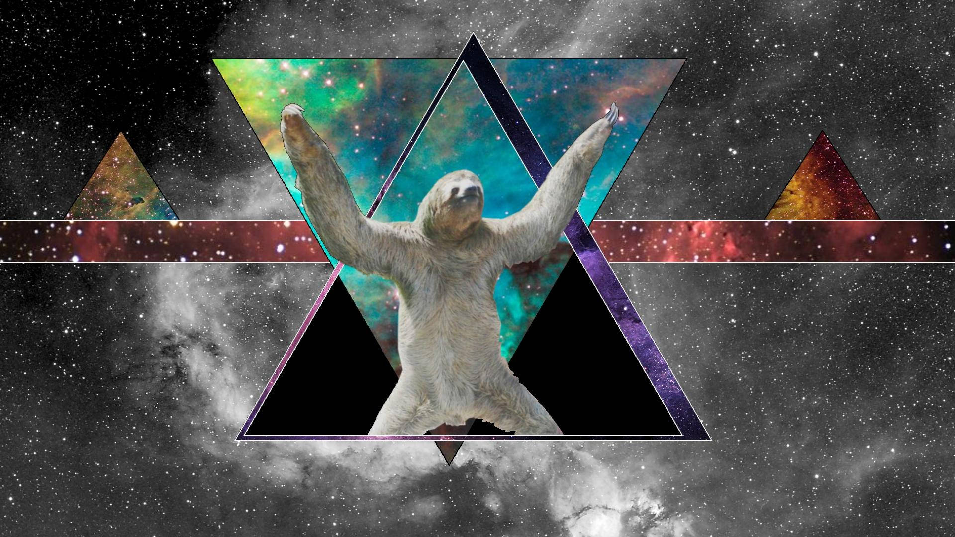 宇宙空間中的樹懶，帶有幾何三角形框架和彩色星雲背景。