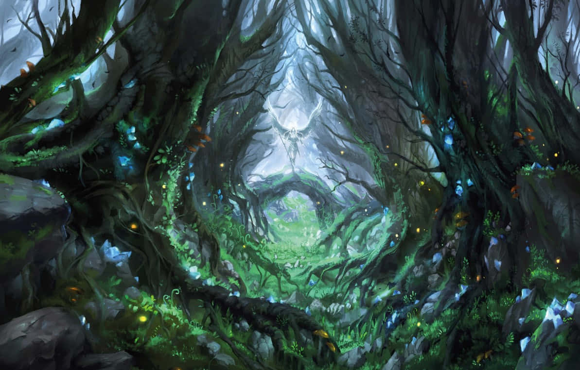 神秘森林隧道，發光燈光與盡頭的空靈人物