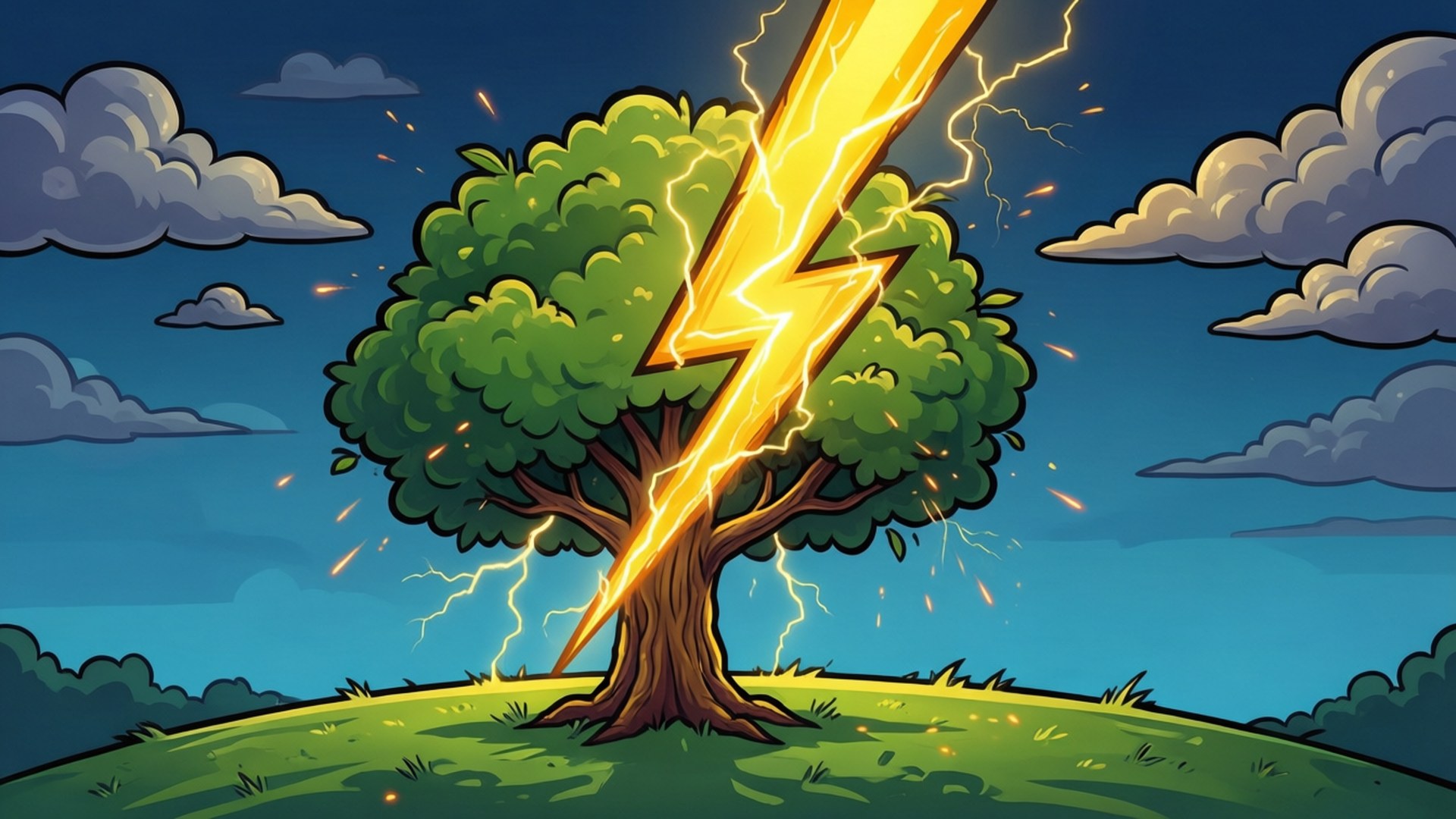 樹木遭雷擊閃電 壁紙 — 卡通閃電擊中草地山丘上茂密的綠樹，天空多雲帶藍。