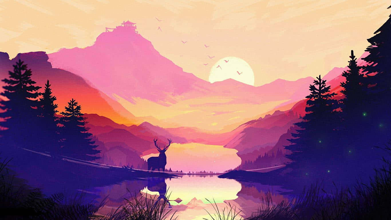 樹林山景 1366x768 顯示器背景 壁紙 — 一頭雄偉的鹿在日落時分站在寧靜的湖邊，在頂部有瞭望塔的粉紅色和橙色山脈的映襯下形成剪影。