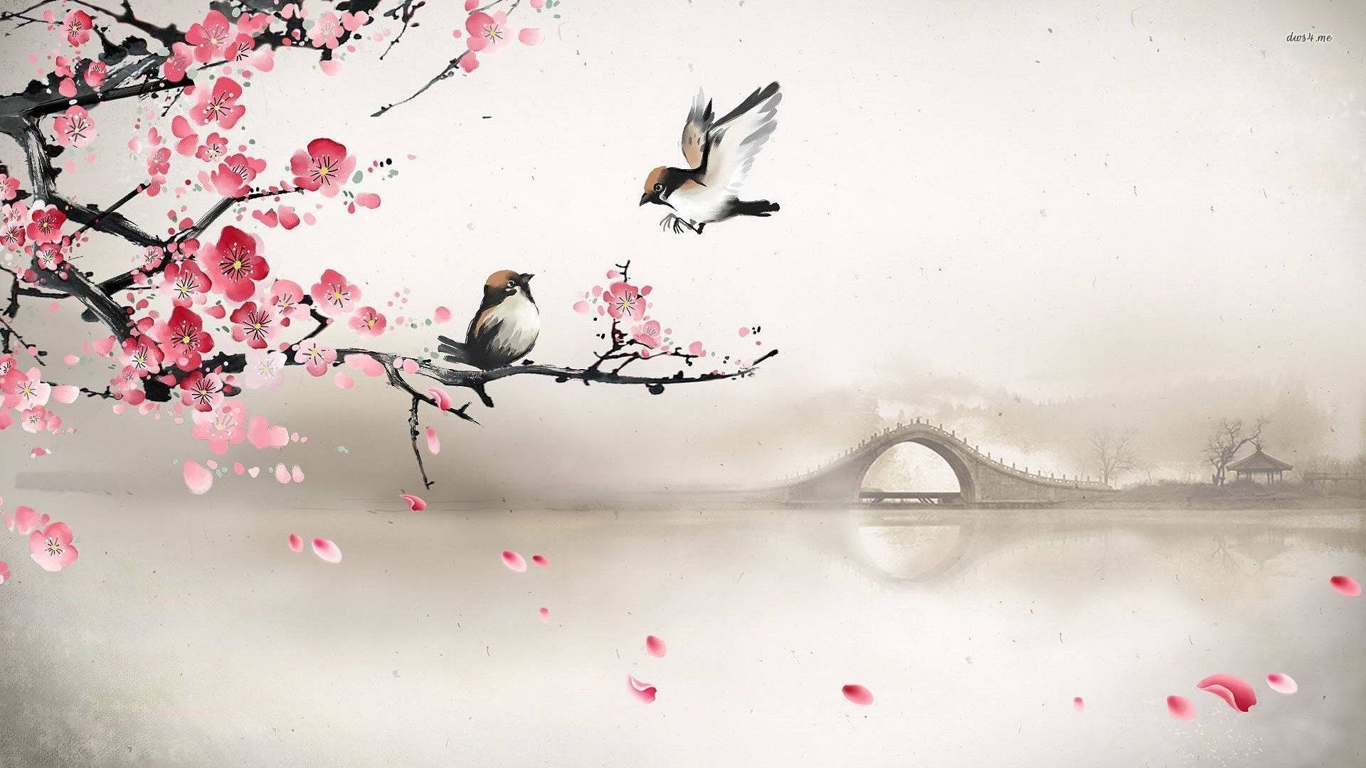 樹枝上的鳥兒數位繪畫 壁紙 — 兩隻鳥在遠處有石橋的霧湖上方，在鮮豔的粉紅色櫻花中棲息和飛翔。