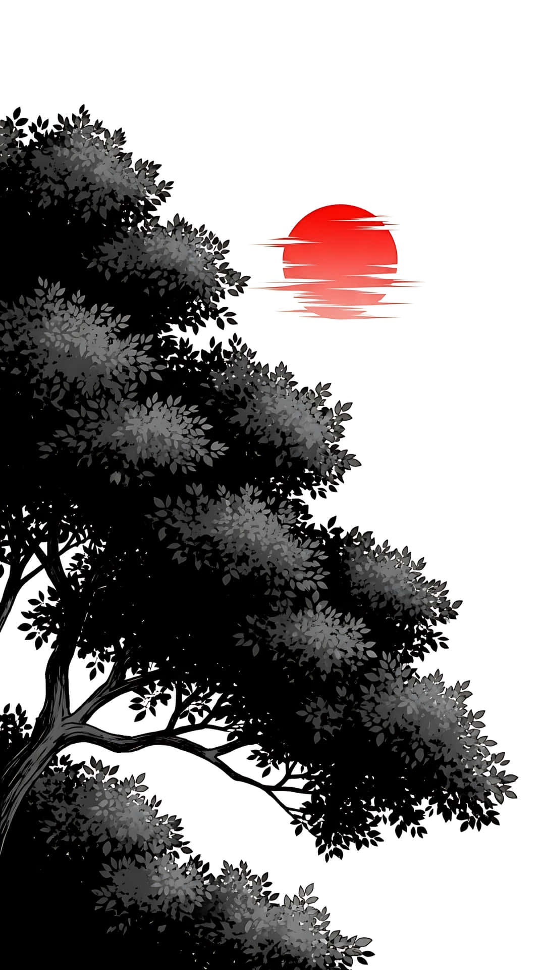 黑白樹影襯托水面上的紅色太陽