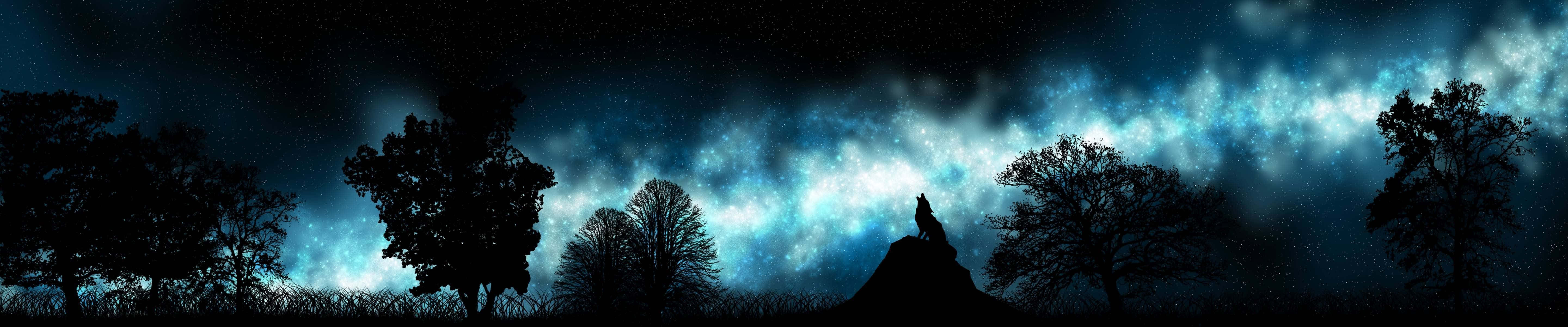 一個人在發光的宇宙天空下，與樹木一起在山丘上的剪影。