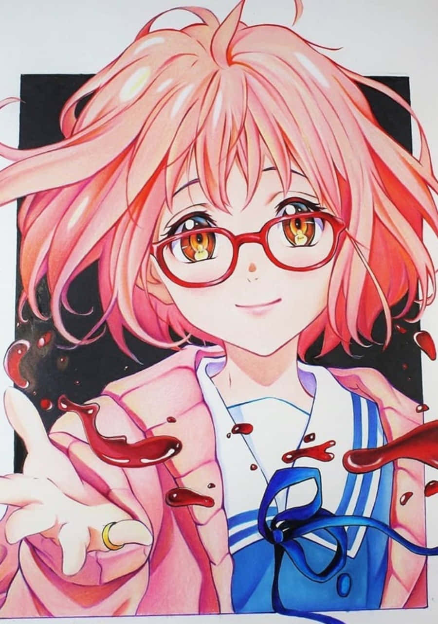 樹頂少女創作夢想畫作 壁紙 — 一個開心的動漫女孩，粉紅色頭髮和紅色眼鏡，微笑著，紅色液體從她手上滴下，背景是黑色。