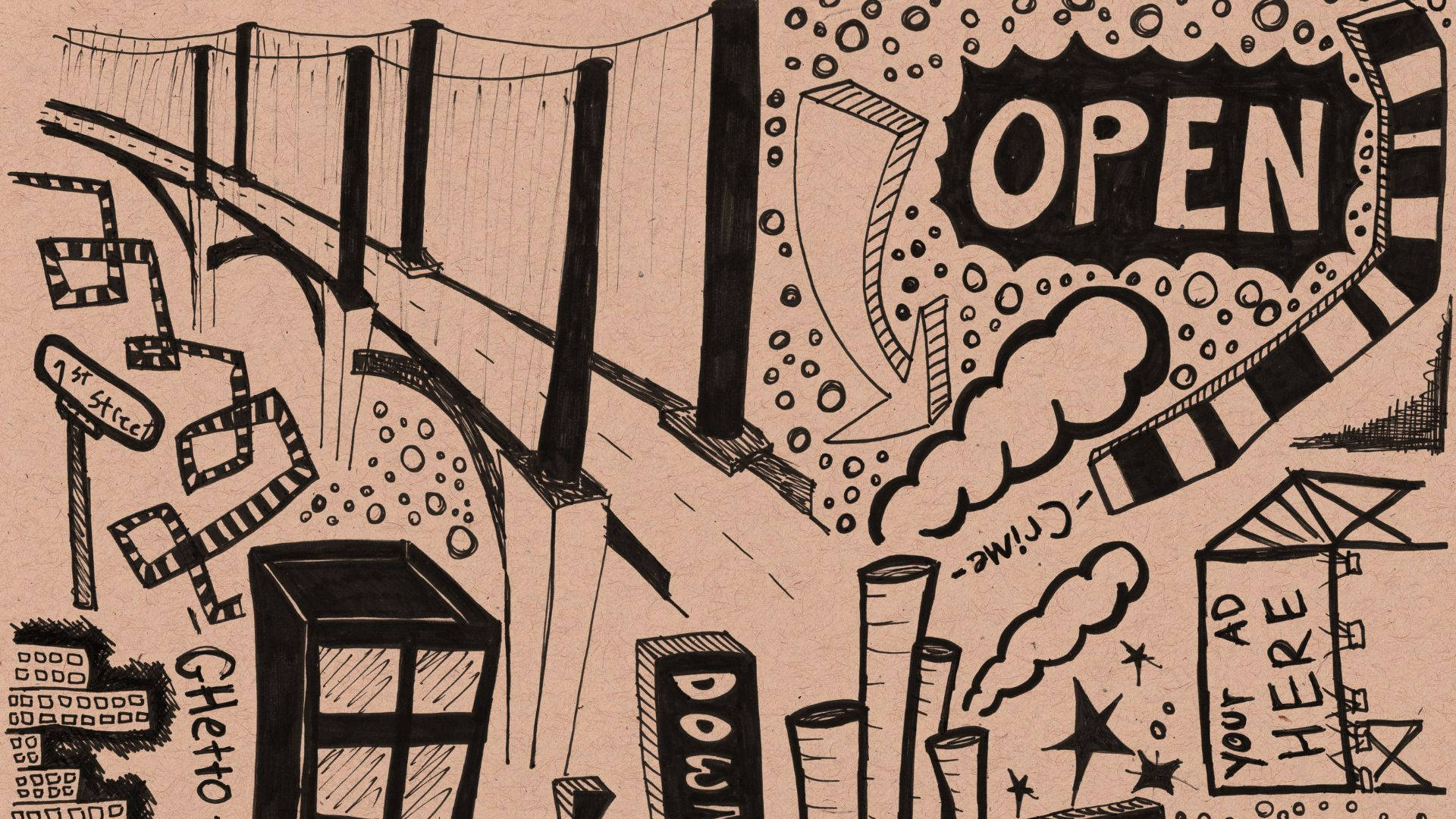 手繪城市草圖，帶有「OPEN」標誌煙霧和塗鴉覆蓋的建築物。