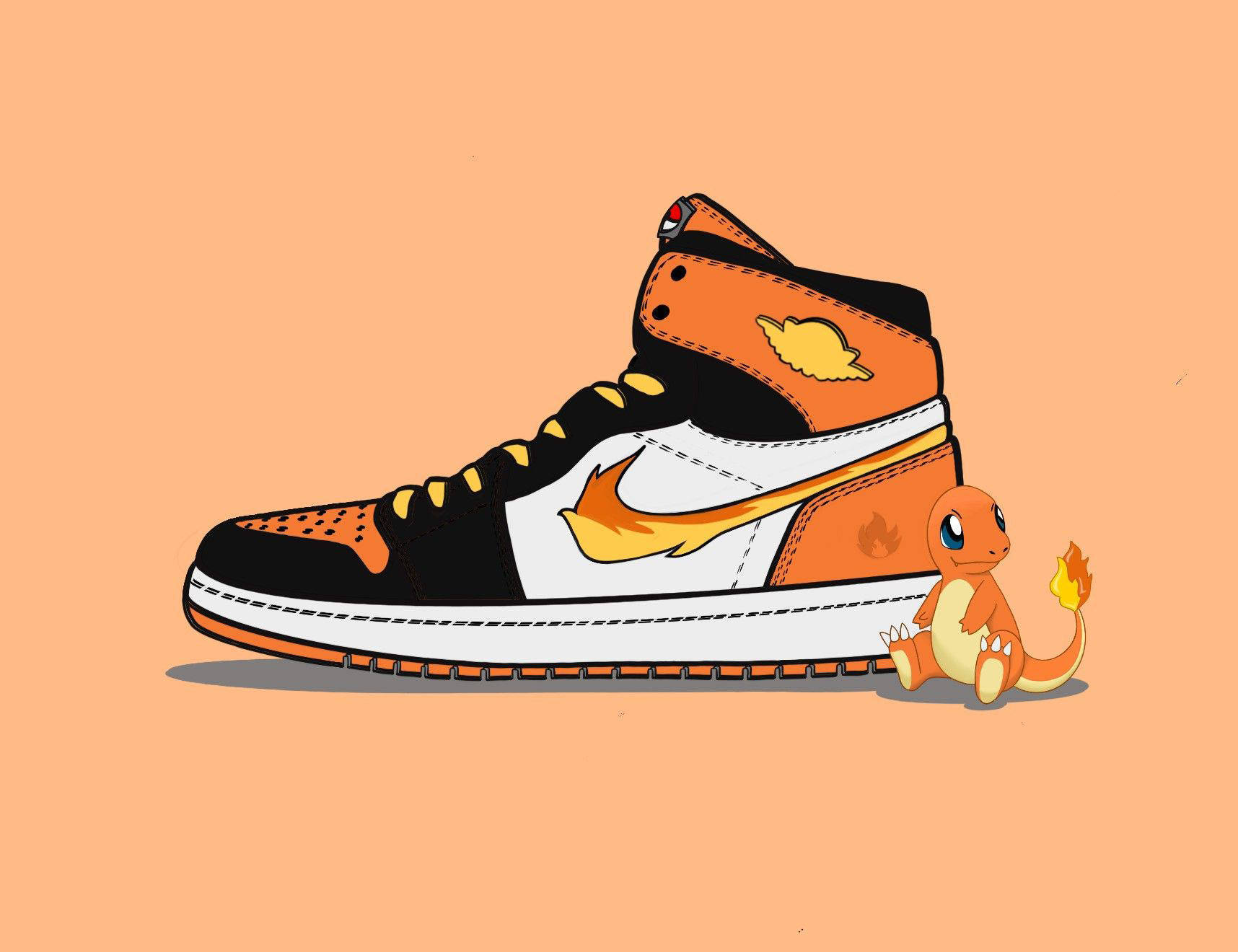 橘色Air Jordan I搭配小火龍卡通運動鞋 壁紙 — 一對帶有火焰圖案的卡通風格運動鞋，旁邊有一隻小火龍，背景為純蜜桃色。
