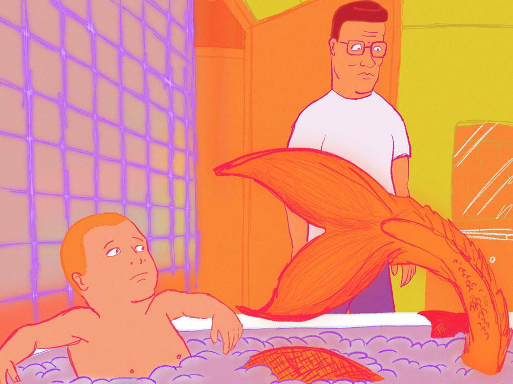 橘色美人魚波比·希爾 壁紙 — 一個男孩在浴缸裡，有一條大橙色魚尾的卡通插圖，而一個戴眼鏡的男人從後面觀看。