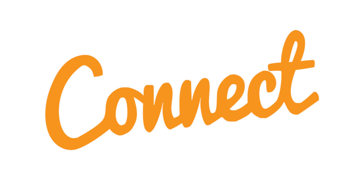 白色背景上寫有Connect嘅橙色草書文字