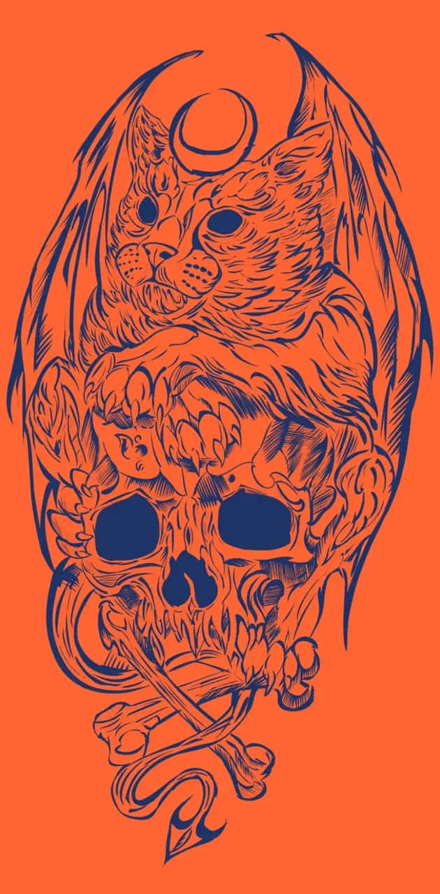 橘色骷髏貓美學藝術 壁紙 — 一個風格化的深藍色紋身風格插圖，描繪一隻惡魔貓有翅膀棲息在頭骨上，背景是鮮豔的橙色。