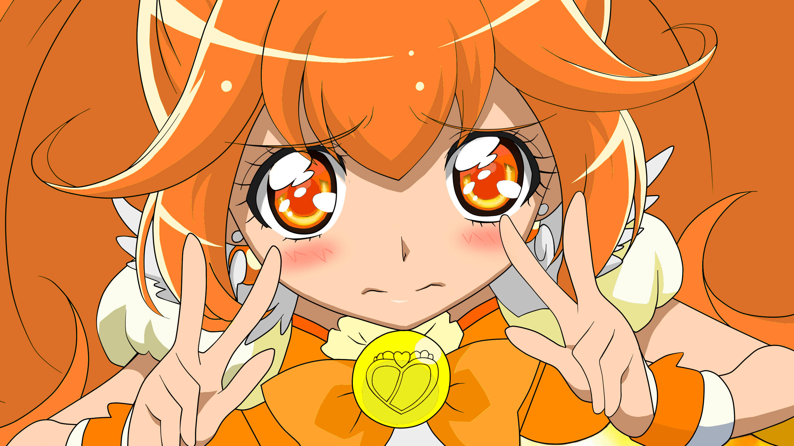 橘髮 Cure Peace 假笑 壁紙 — 一個開朗的動漫女孩，擁有火紅橙色頭髮和眼睛，比出和平手勢，戴著金色心形吊墜。