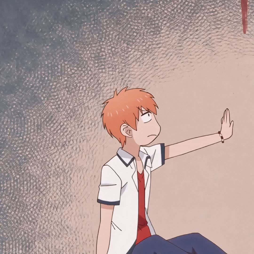 橙色頭髮的動漫男孩向上伸手，一滴紅色水滴從上方落下。