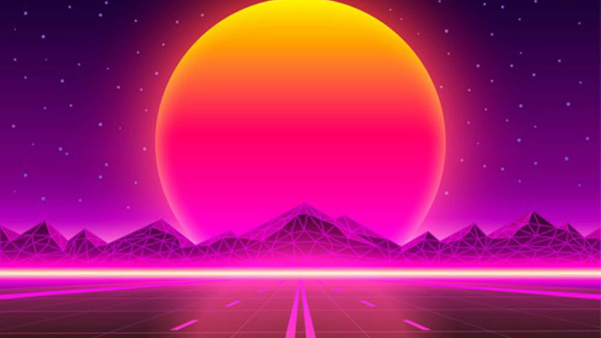 霓虹粉紅太陽在幾何山脈上，星空下發光的網格道路