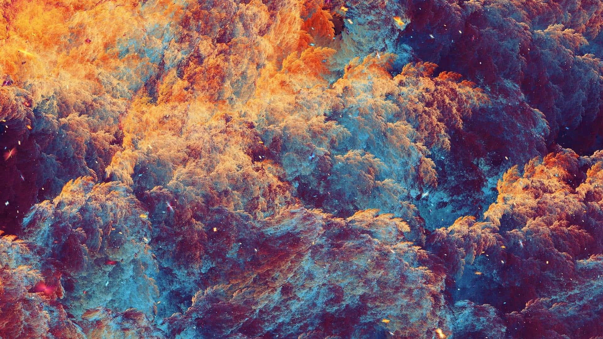 旋轉的橙色和青色雲朵與發光粒子的抽象數位藝術作品。