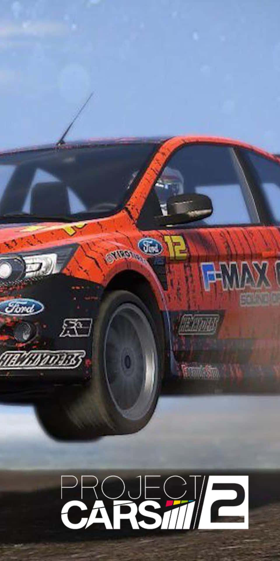 紅色和黑色的福特拉力賽車在 Project Cars 2 遊戲中於潮濕賽道上漂移。