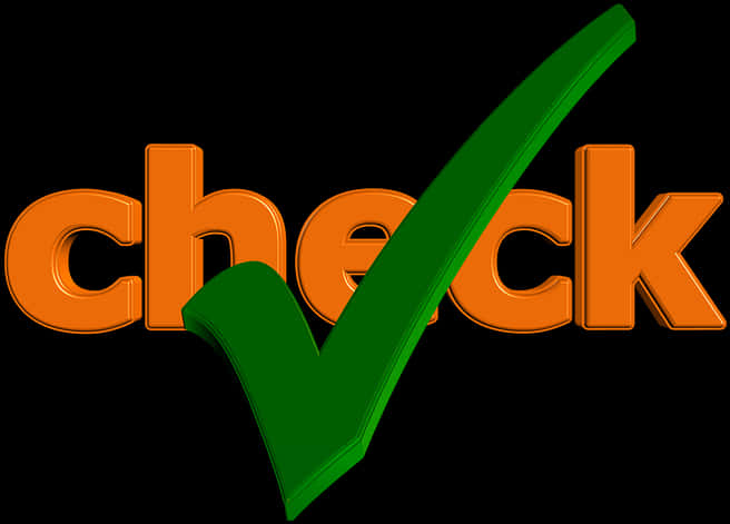橙色「Check」字樣配綠色對勾圖形 壁紙 — 黑色背景上帶有大型綠色剔號的粗體橙色3D文字「check」。