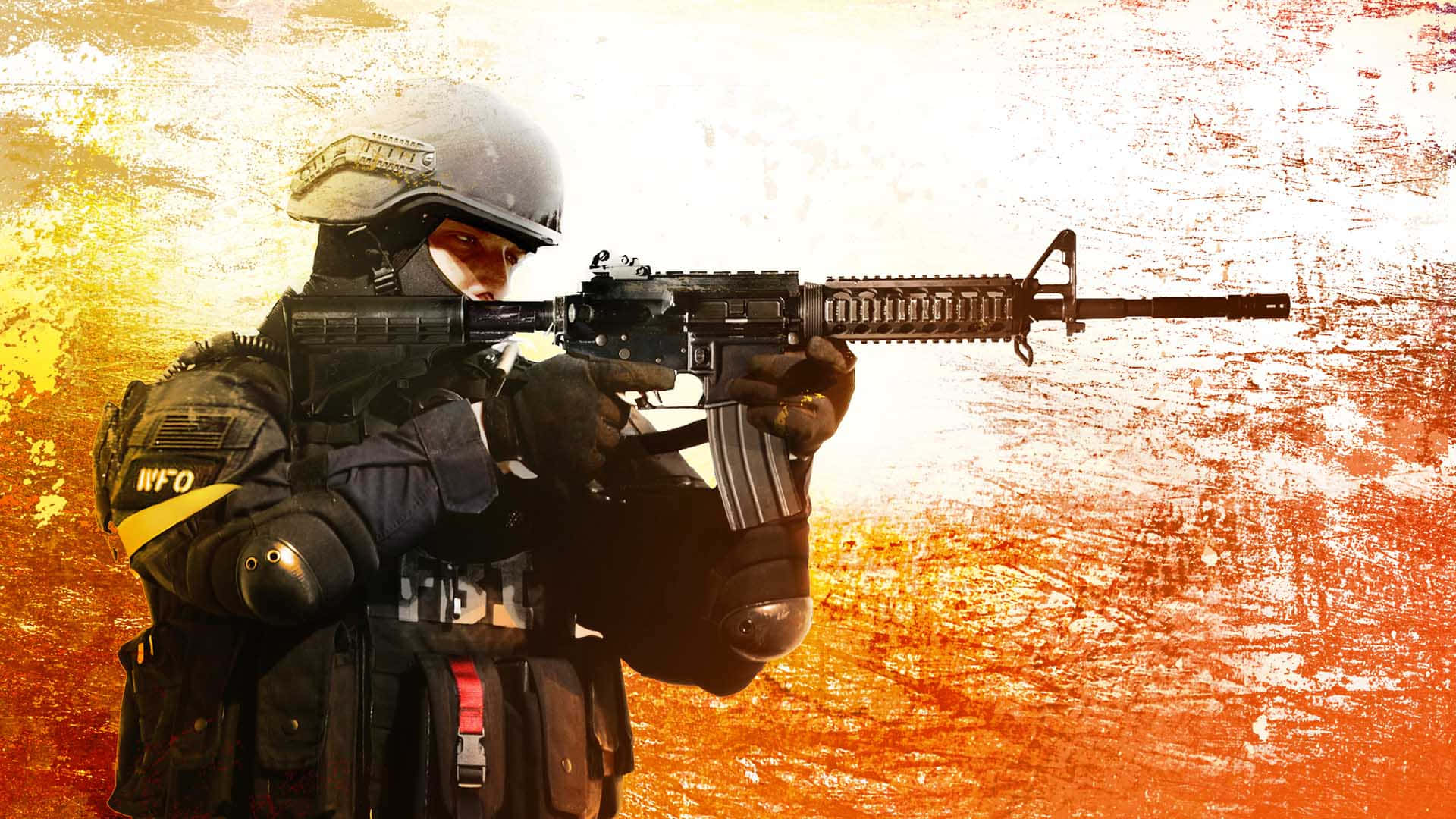 橙色 FBI 特種探員《反恐精英：全球 Offensive》1080p 背景 壁紙 — 一名身穿戰術裝備的士兵，在熾熱的橙黃色紋理背景前瞄準步槍。